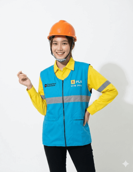 Foto rompi safety PLN warna biru turkis bahan taslan hasil produksi Djava Konveksi