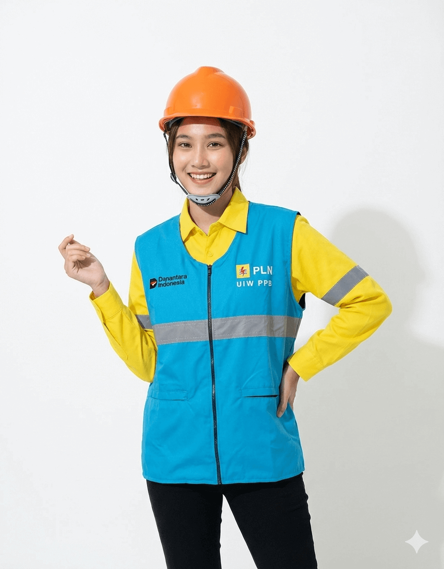 Foto rompi safety PLN warna biru turkis bahan taslan hasil produksi Djava Konveksi